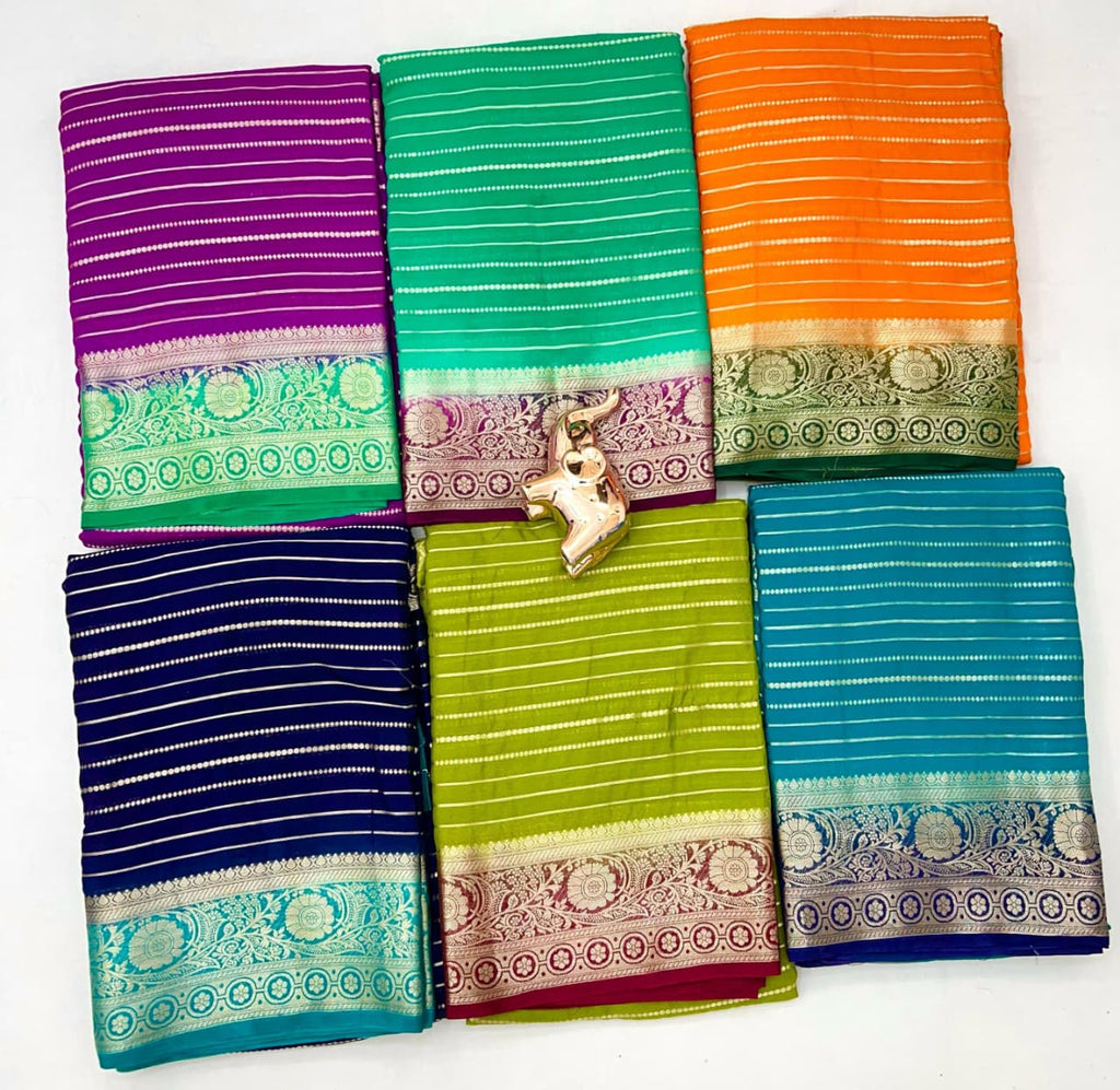 Heavy Viscose Marshmallow Dyed Saree – Weaving Stripes & Sequins Blouse.