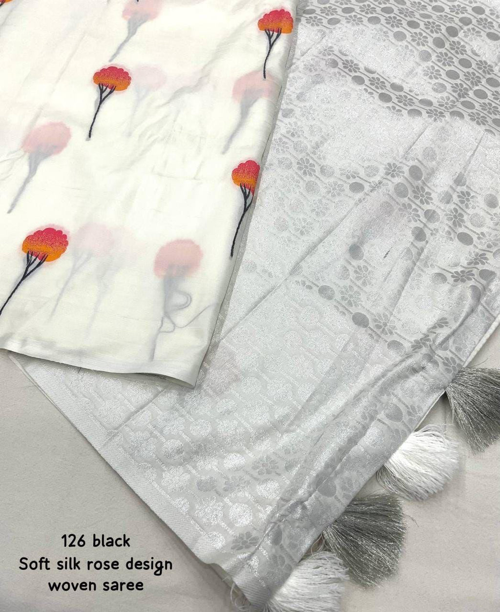Soft Silk Saree – Woven Rose Design & Silver Zari Pallu.