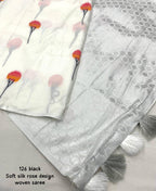 Soft Silk Saree – Woven Rose Design & Silver Zari Pallu.