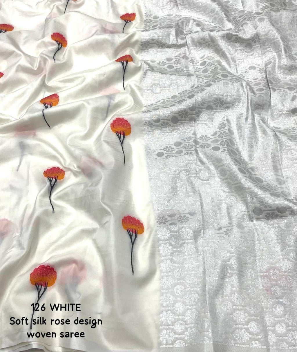 Soft Silk Saree – Woven Rose Design & Silver Zari Pallu.
