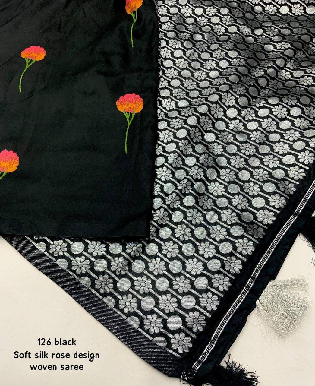 Soft Silk Saree – Woven Rose Design & Silver Zari Pallu.