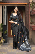 Soft Silk Saree – Woven Rose Design & Silver Zari Pallu.