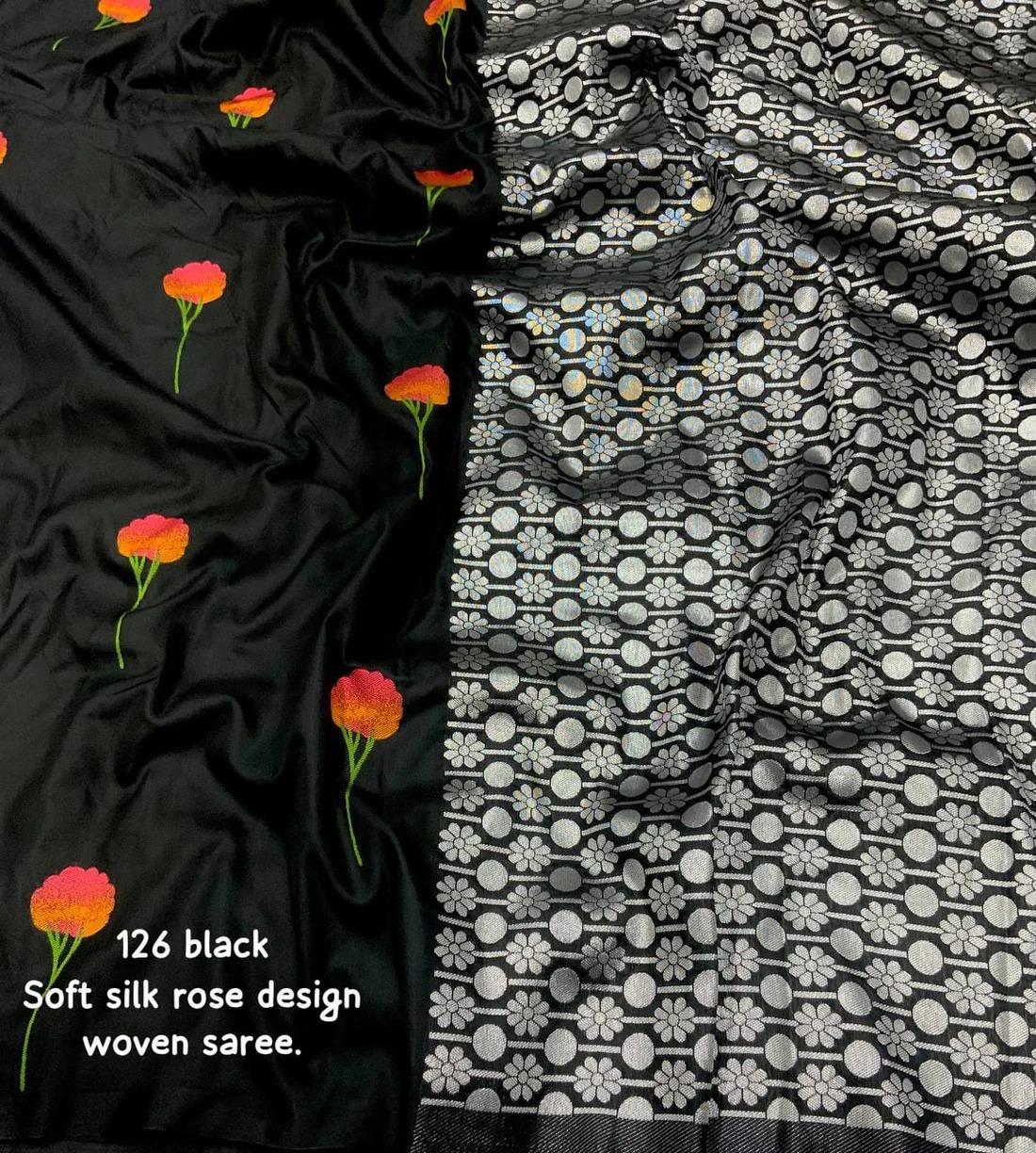 Soft Silk Saree – Woven Rose Design & Silver Zari Pallu.