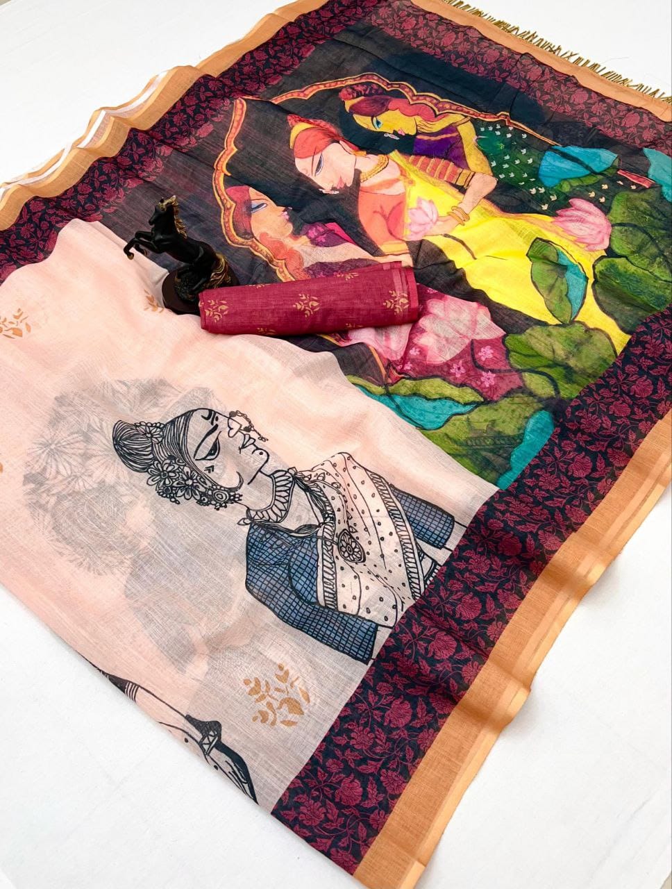 Elegant Original Linen Saree – Digital Prints & Floral Border.