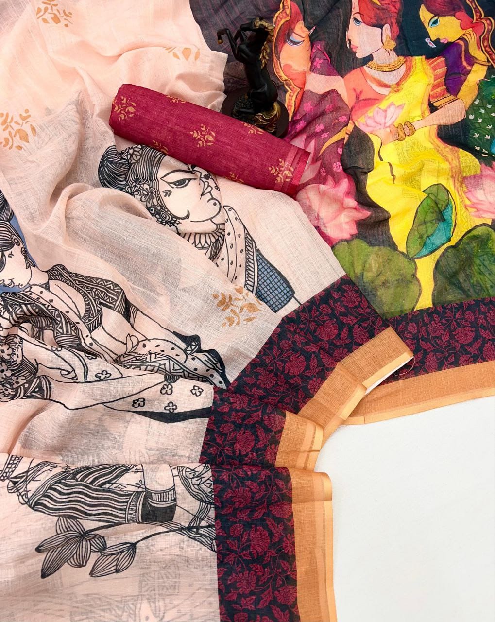 Elegant Original Linen Saree – Digital Prints & Floral Border.