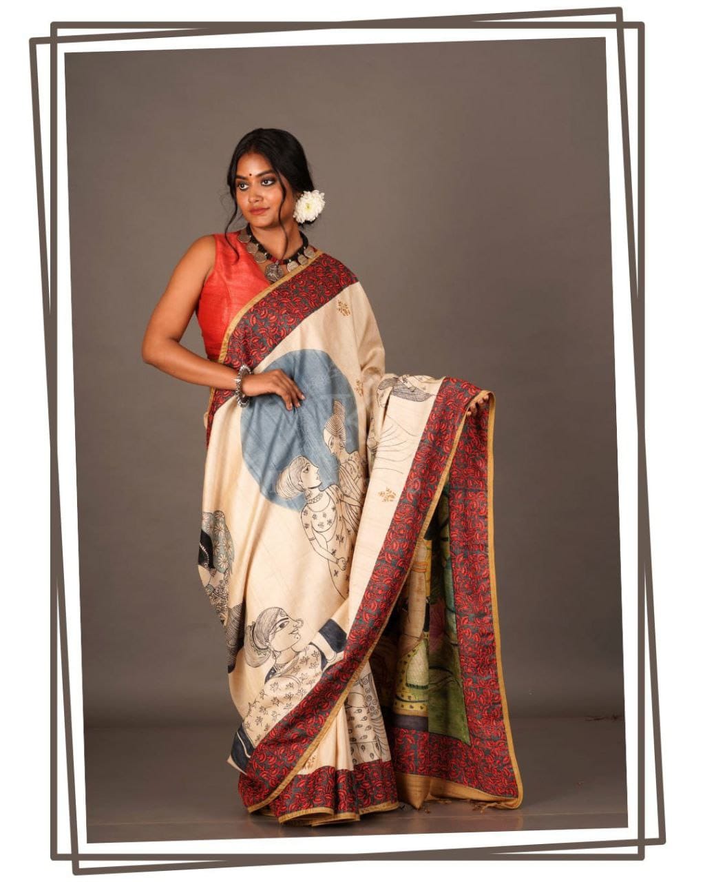 Elegant Original Linen Saree – Digital Prints & Floral Border.