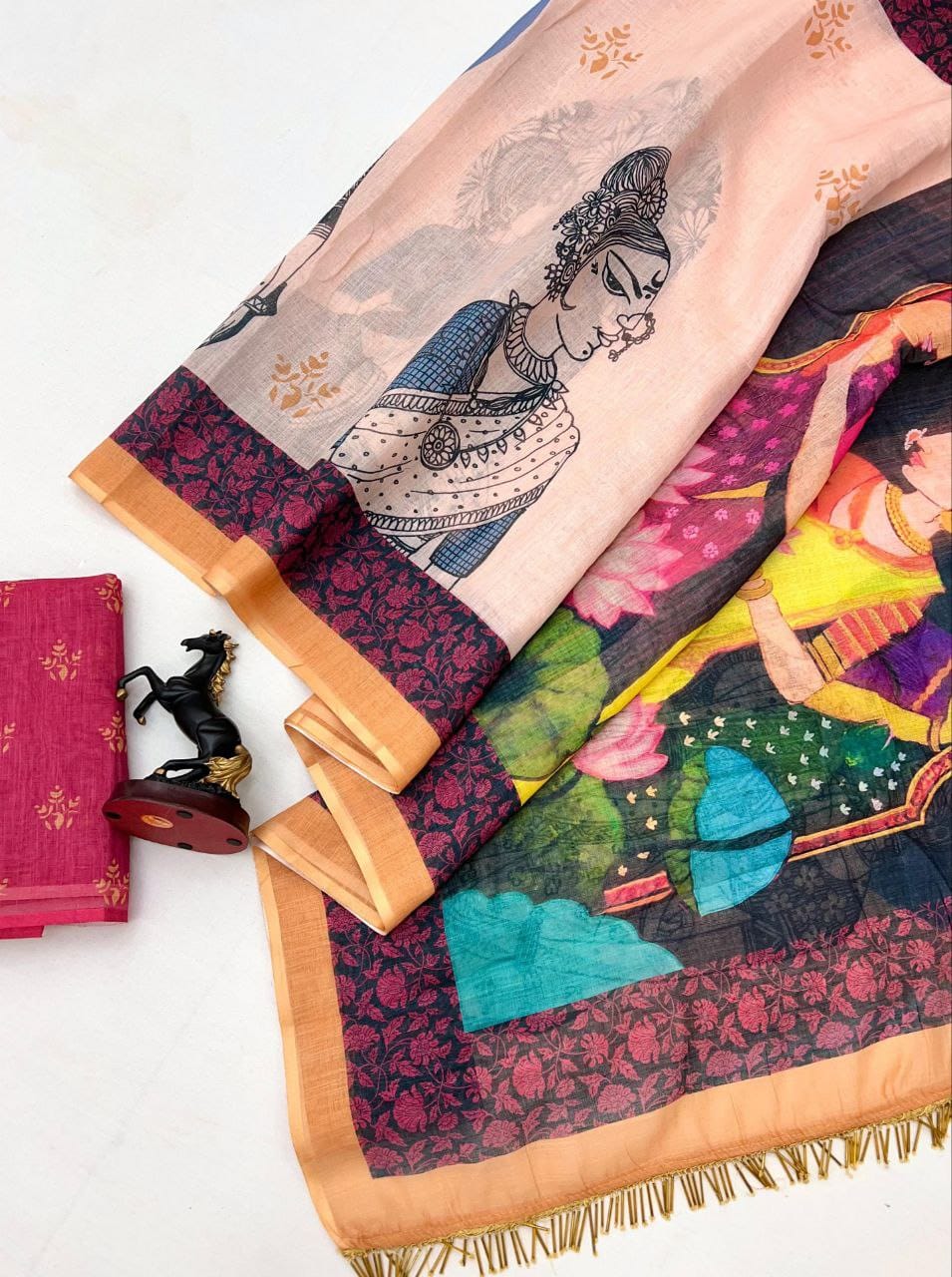 Elegant Original Linen Saree – Digital Prints & Floral Border.