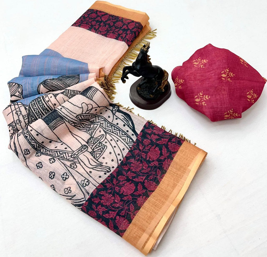 Elegant Original Linen Saree – Digital Prints & Floral Border.