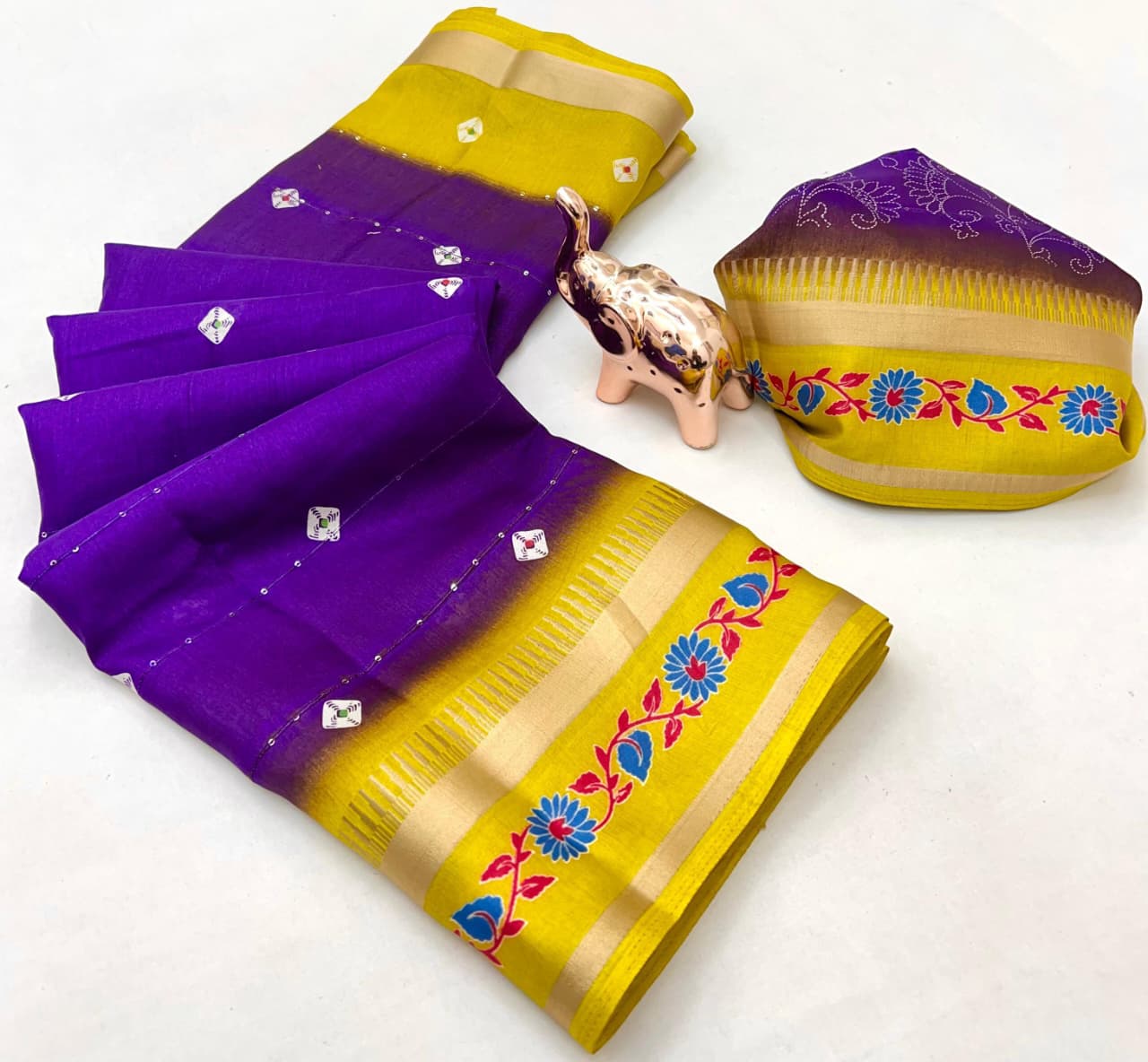 Fancy Soft Blend Cotton Saree – Sequins, Batik & Kalamkari.