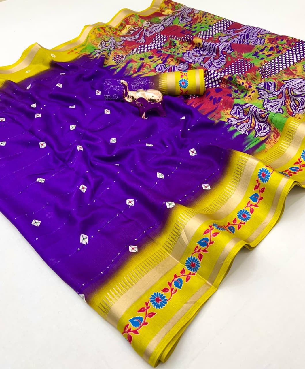 Fancy Soft Blend Cotton Saree – Sequins, Batik & Kalamkari.