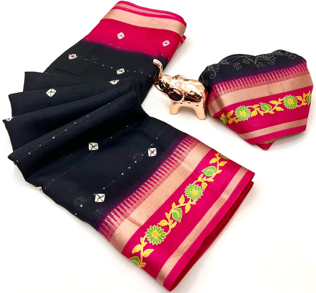 Fancy Soft Blend Cotton Saree – Sequins, Batik & Kalamkari.