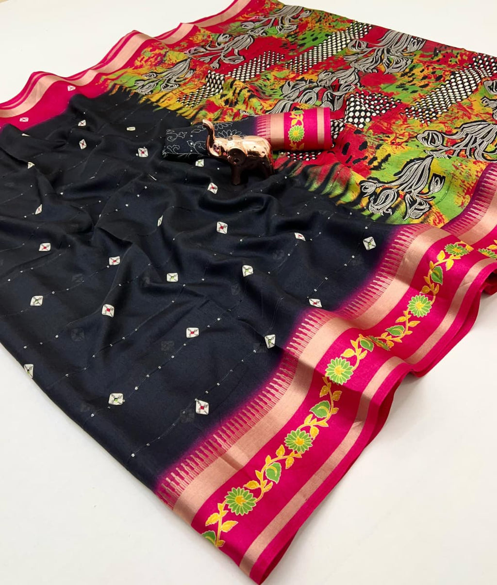 Fancy Soft Blend Cotton Saree – Sequins, Batik & Kalamkari.