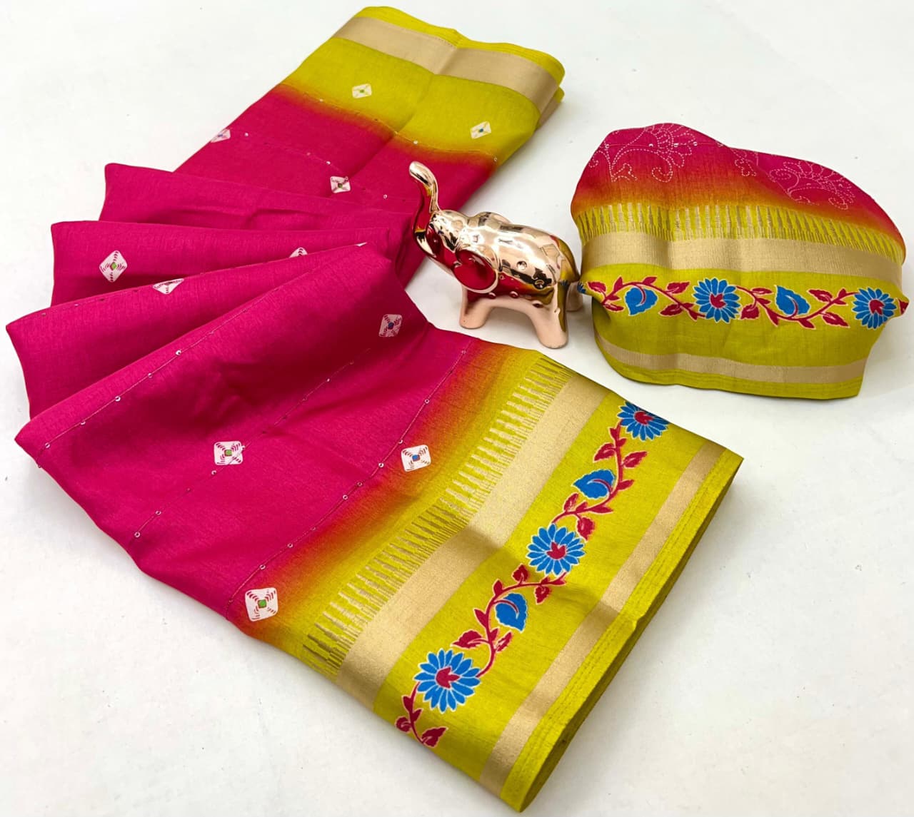 Fancy Soft Blend Cotton Saree – Sequins, Batik & Kalamkari.