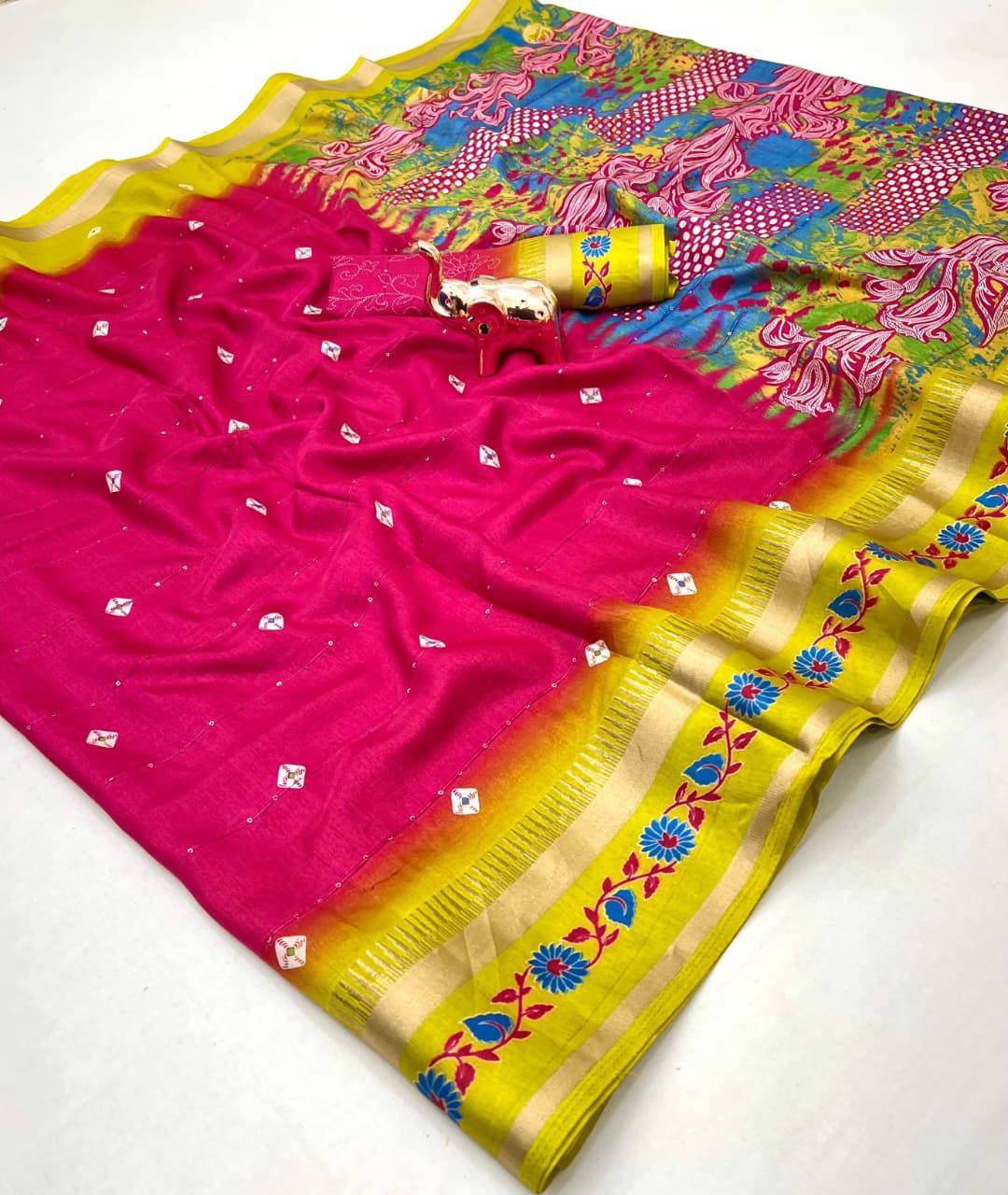 Fancy Soft Blend Cotton Saree – Sequins, Batik & Kalamkari.