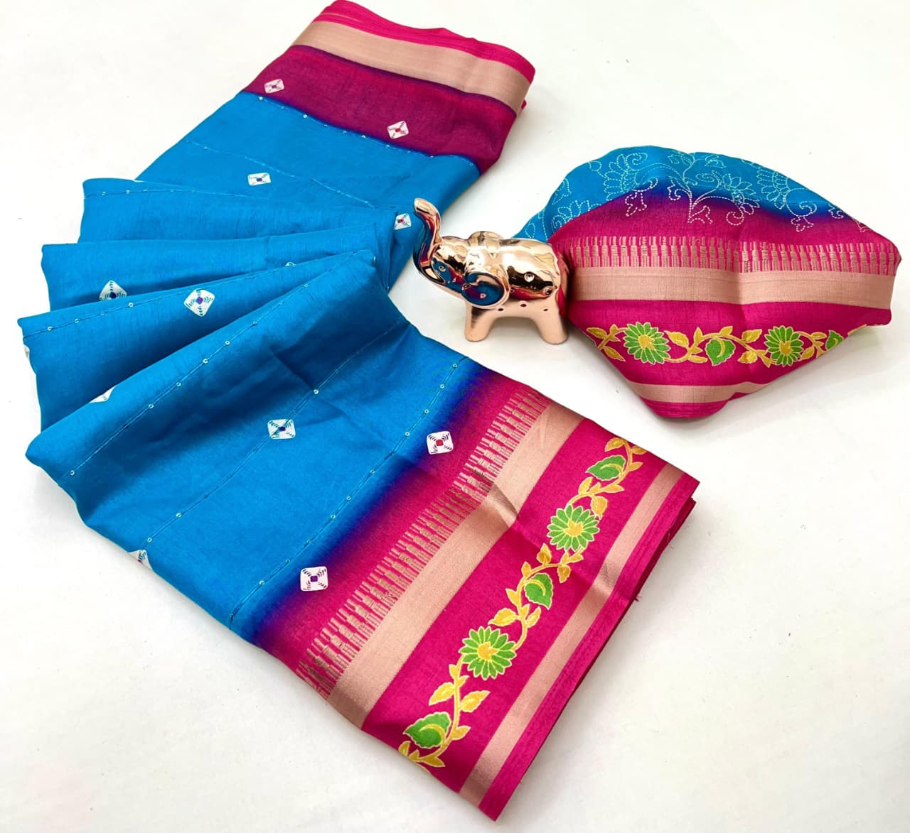 Fancy Soft Blend Cotton Saree – Sequins, Batik & Kalamkari.