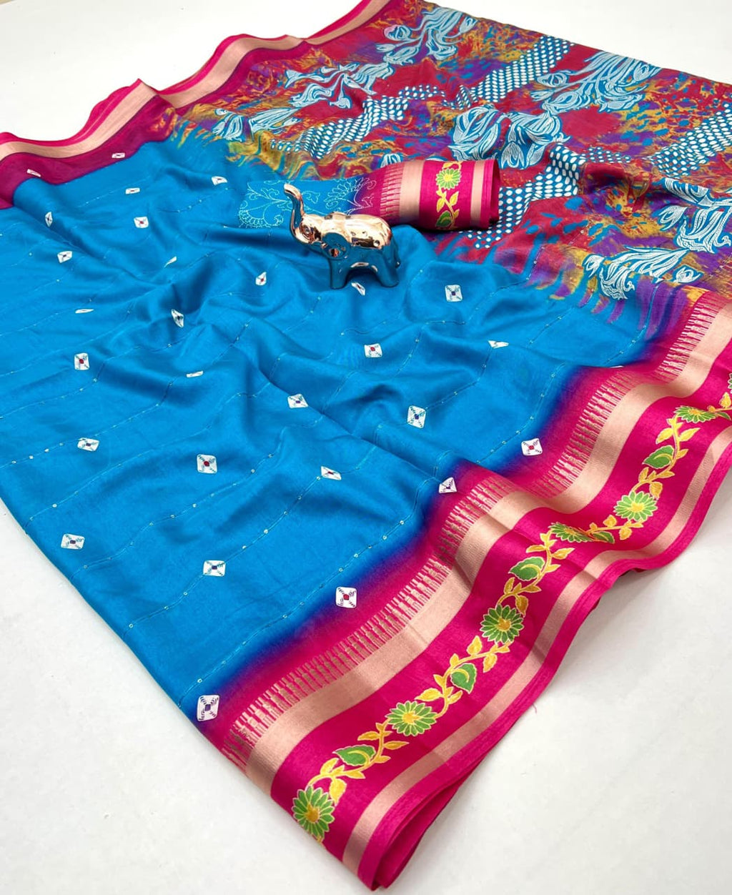 Fancy Soft Blend Cotton Saree – Sequins, Batik & Kalamkari.