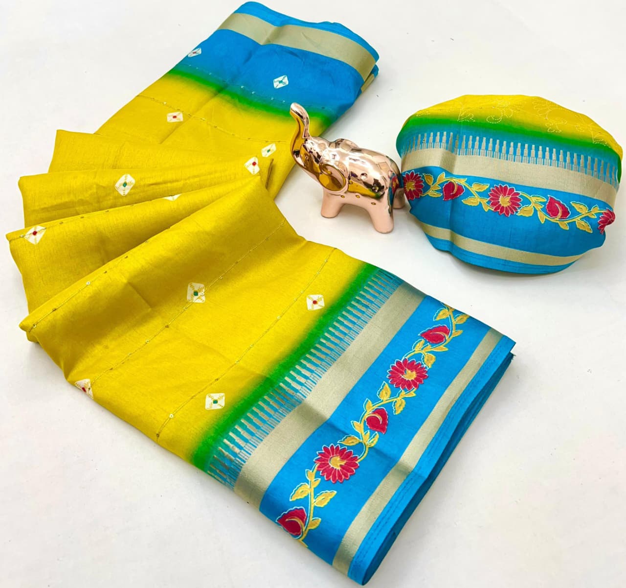 Fancy Soft Blend Cotton Saree – Sequins, Batik & Kalamkari.