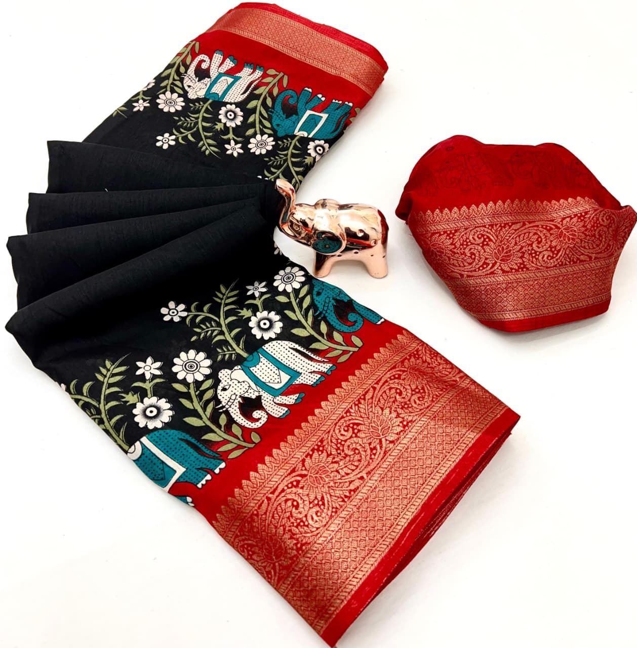 Poly Silk Saree – Floral Print & Golden Border.