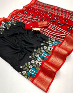Poly Silk Saree – Floral Print & Golden Border.