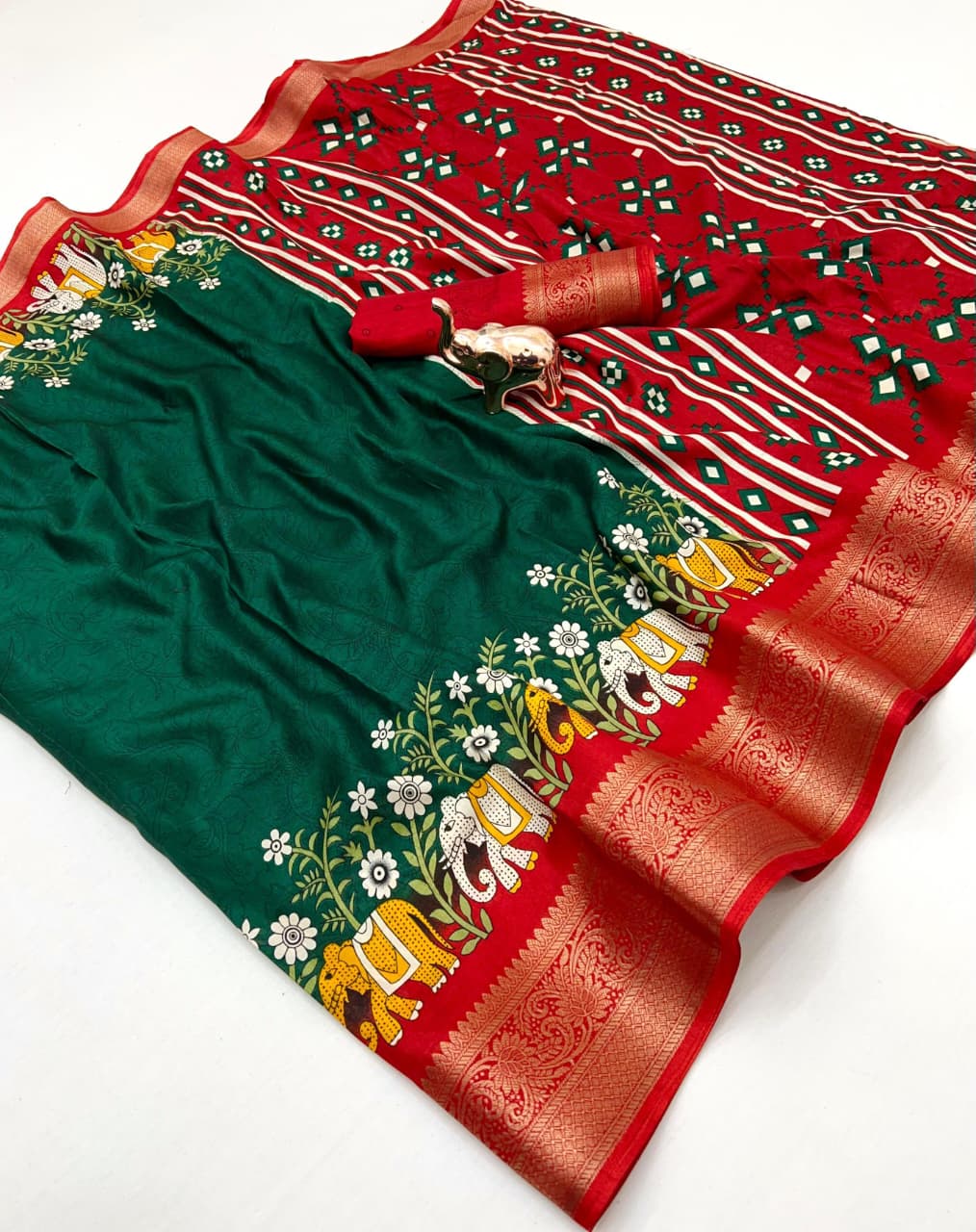 Poly Silk Saree – Floral Print & Golden Border.