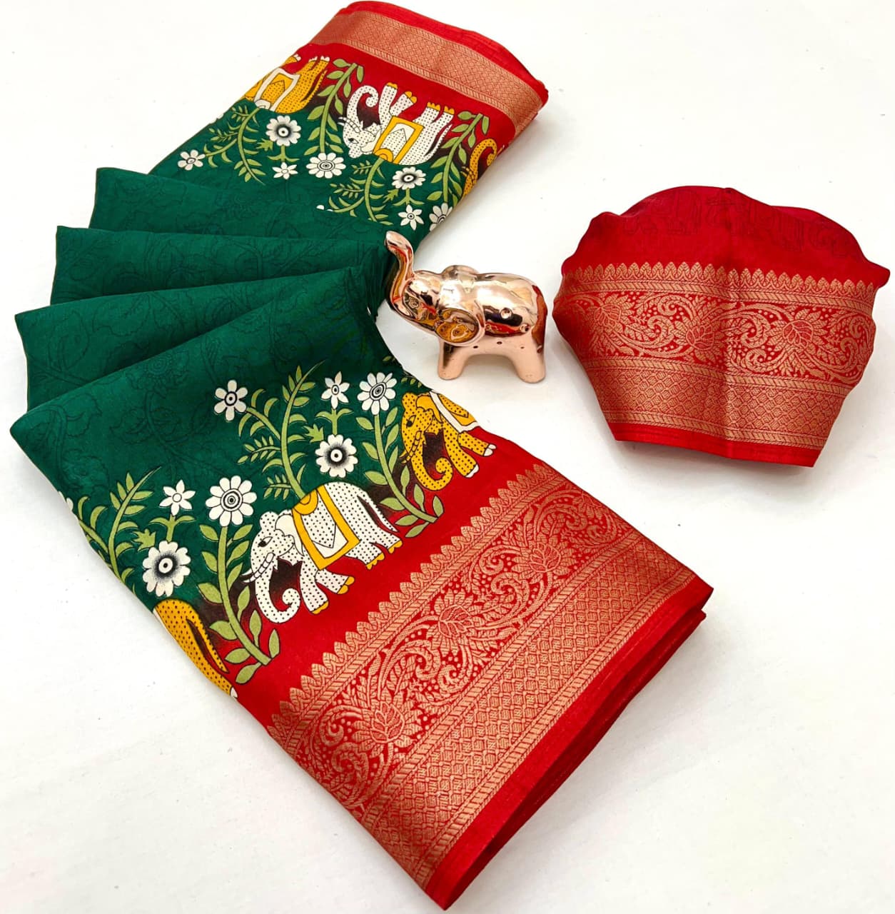 Poly Silk Saree – Floral Print & Golden Border.