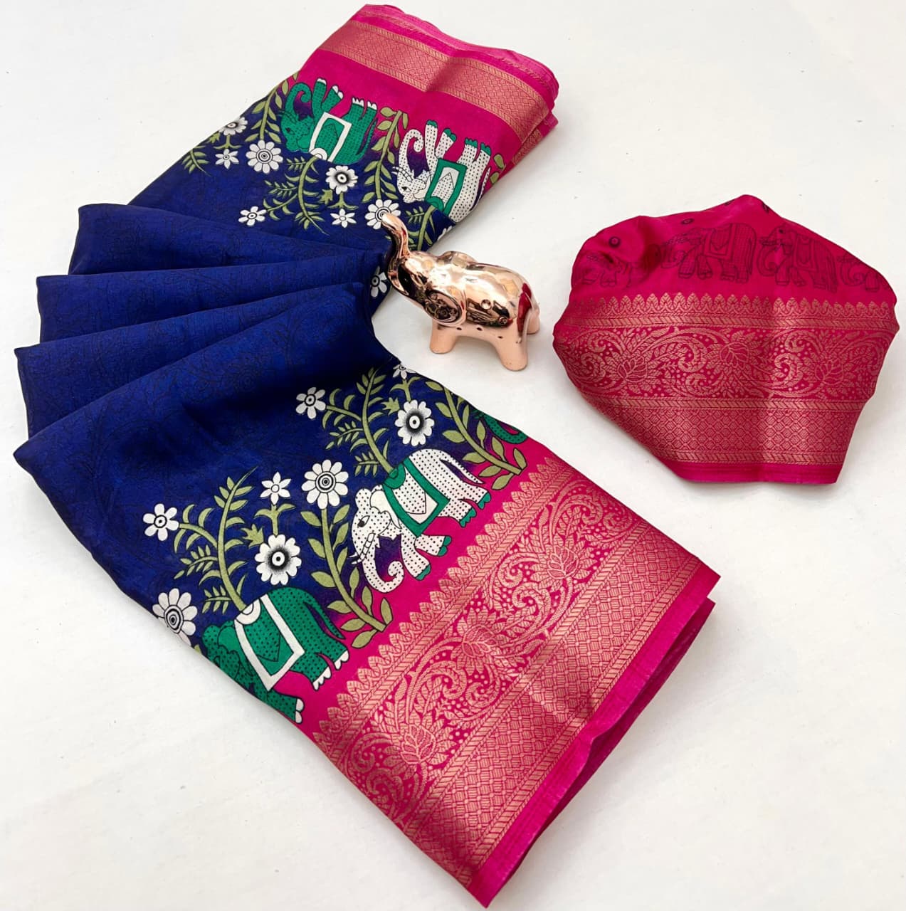 Poly Silk Saree – Floral Print & Golden Border.