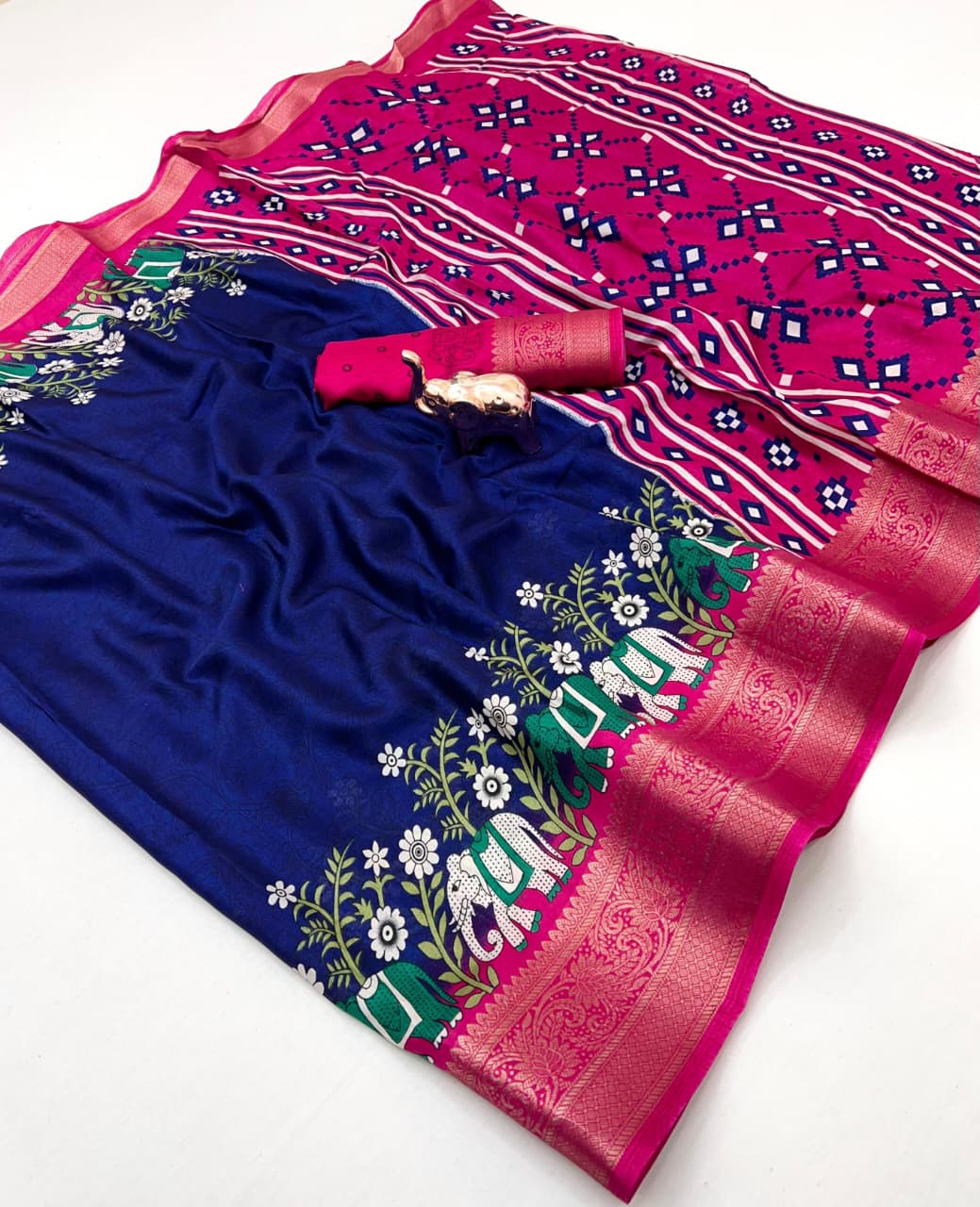 Poly Silk Saree – Floral Print & Golden Border.