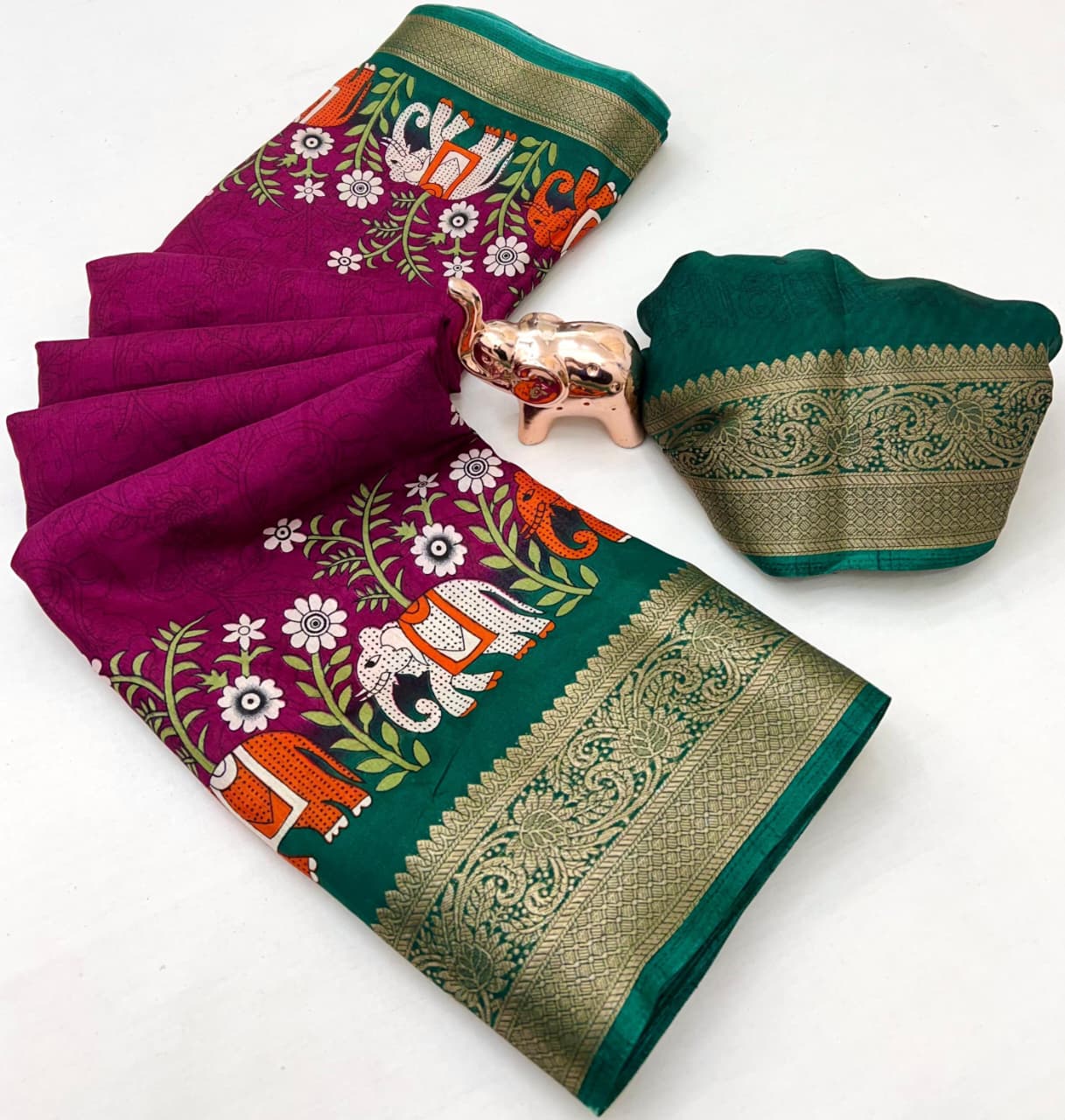Poly Silk Saree – Floral Print & Golden Border.
