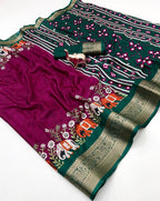 Poly Silk Saree – Floral Print & Golden Border.