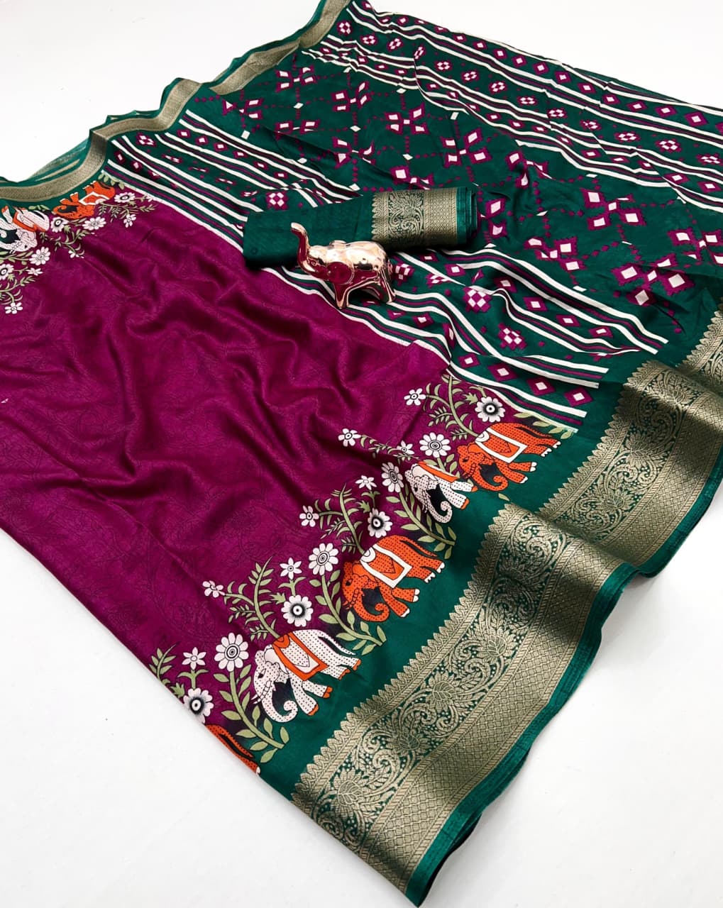 Poly Silk Saree – Floral Print & Golden Border.