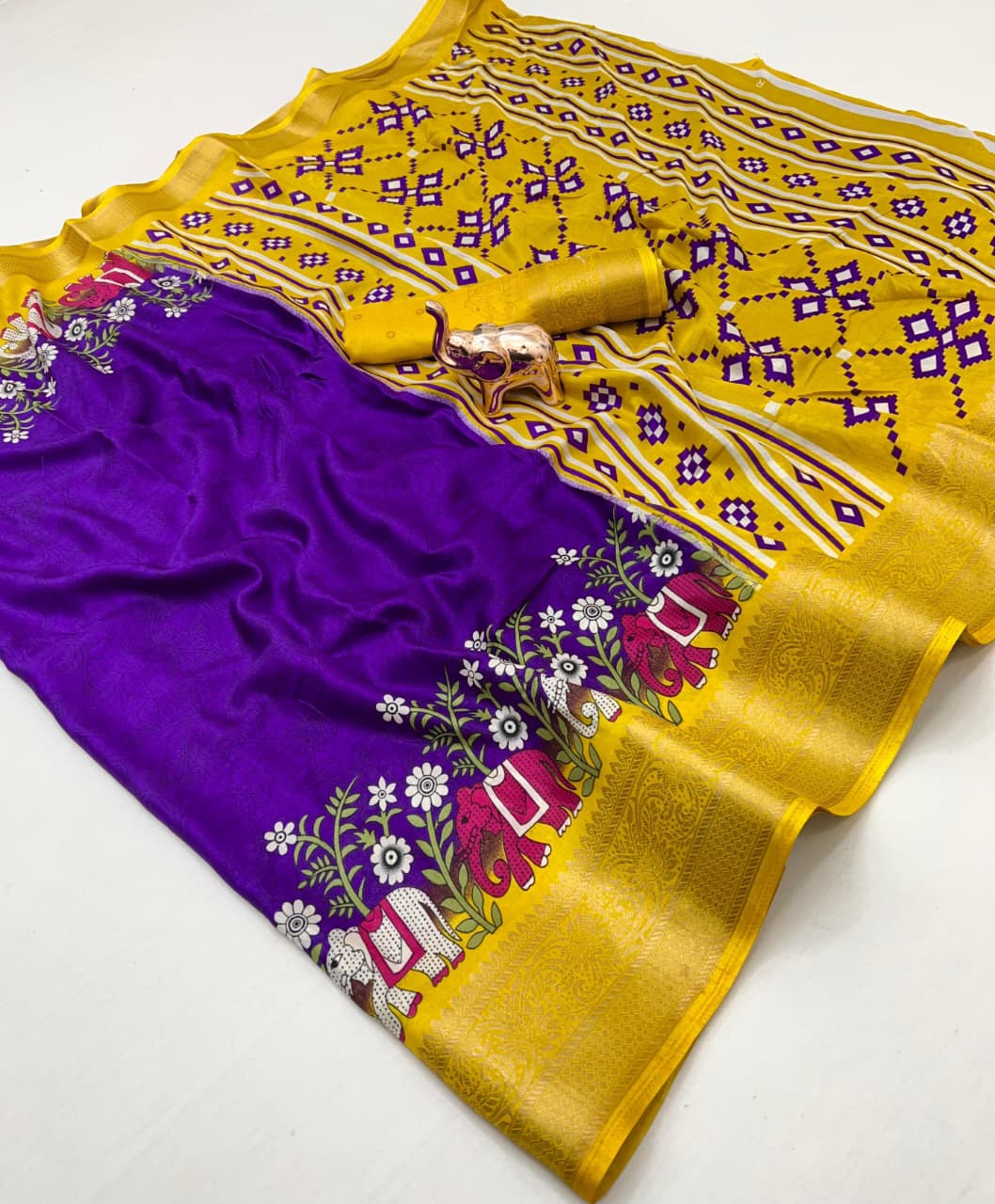 Poly Silk Saree – Floral Print & Golden Border.