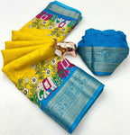 Poly Silk Saree – Floral Print & Golden Border.