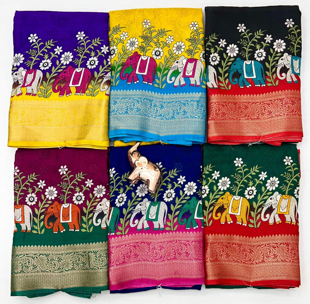 Poly Silk Saree – Floral Print & Golden Border.