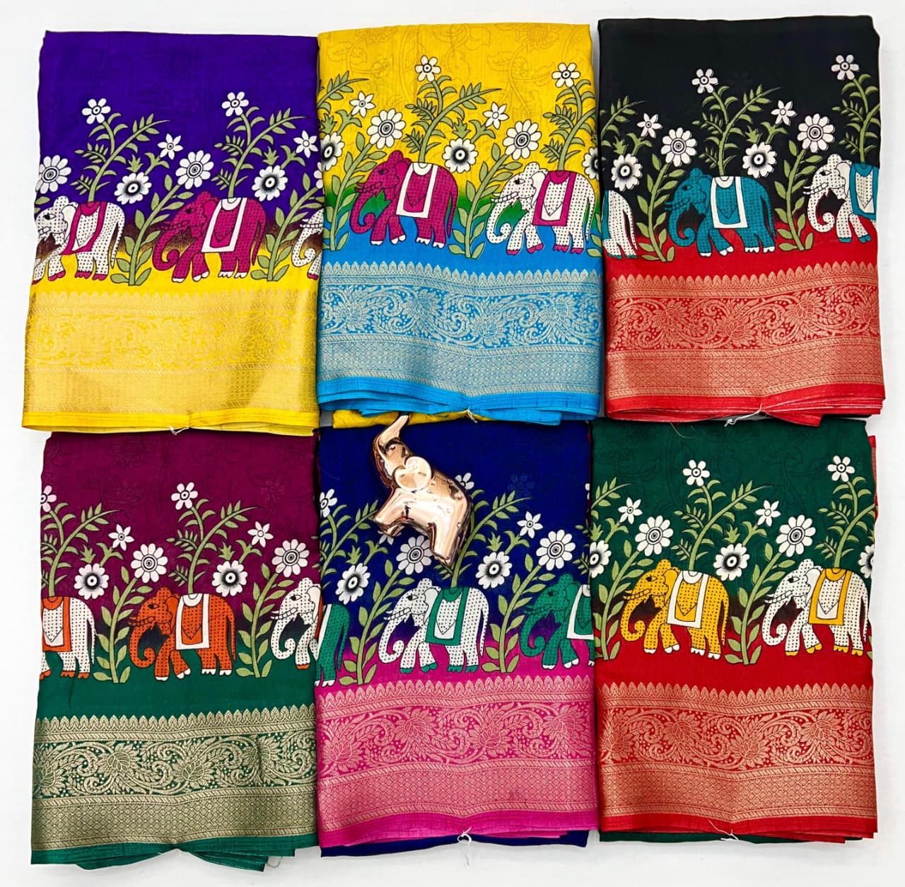 Poly Silk Saree – Floral Print & Golden Border.