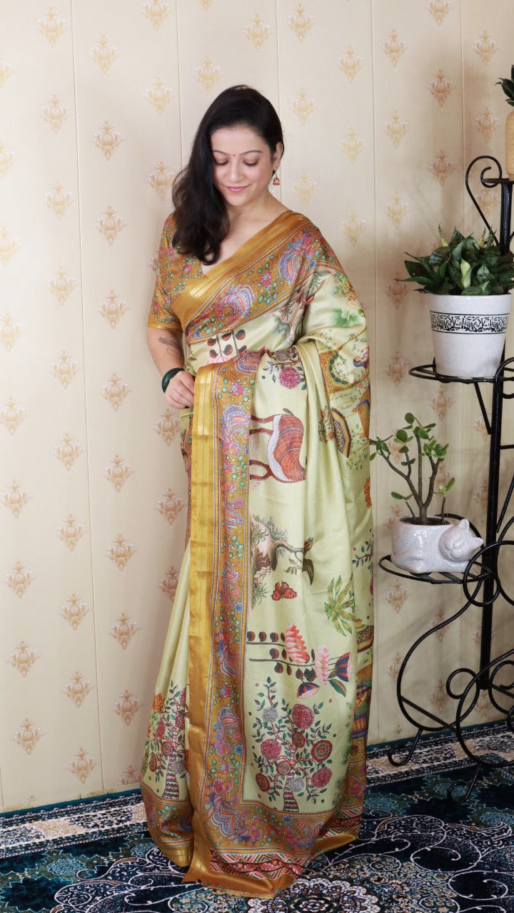 Soft Tussar Silk Saree – Pattachitra & Kalamkari Prints.