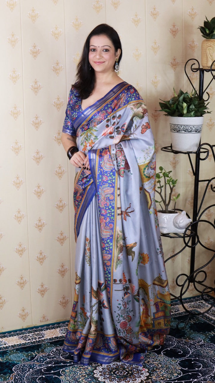 Soft Tussar Silk Saree – Pattachitra & Kalamkari Prints.