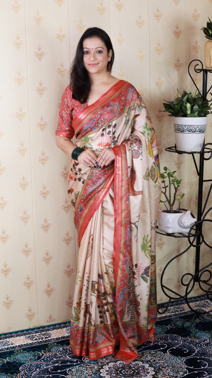 Soft Tussar Silk Saree – Pattachitra & Kalamkari Prints.