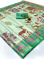 Soft Tussar Silk Saree – Pattachitra & Kalamkari Prints.