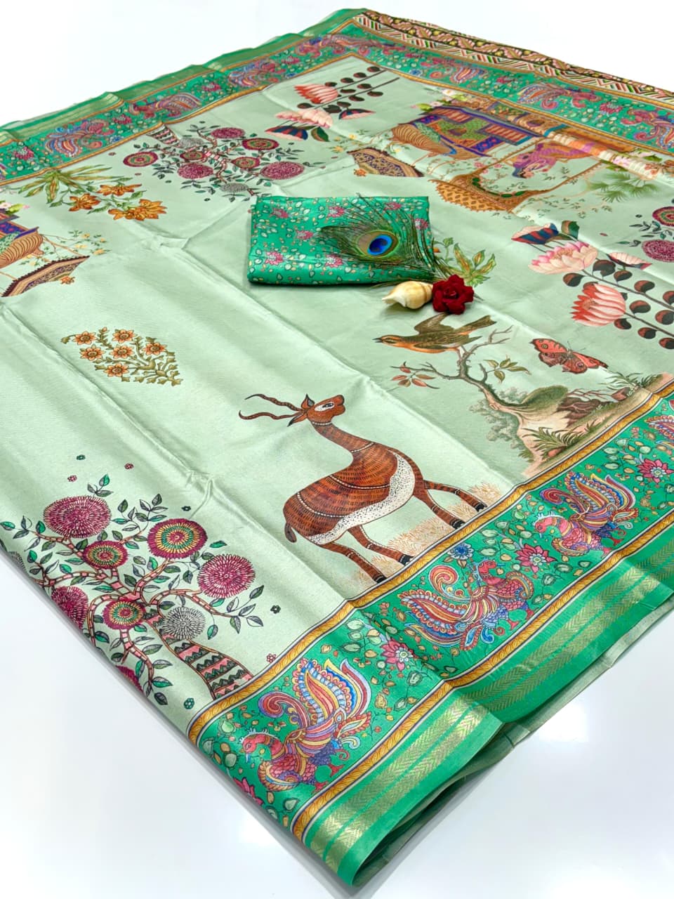 Soft Tussar Silk Saree – Pattachitra & Kalamkari Prints.