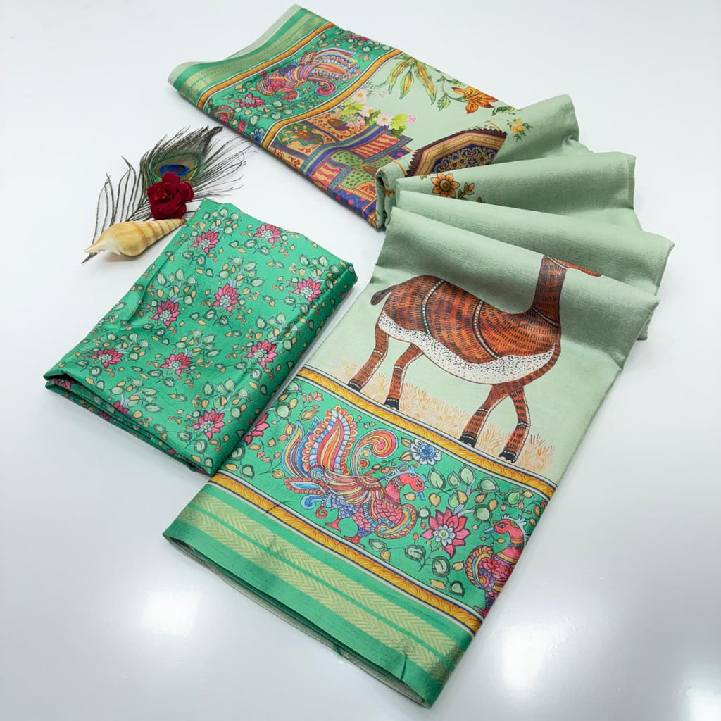 Soft Tussar Silk Saree – Pattachitra & Kalamkari Prints.