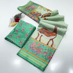 Soft Tussar Silk Saree – Pattachitra & Kalamkari Prints.