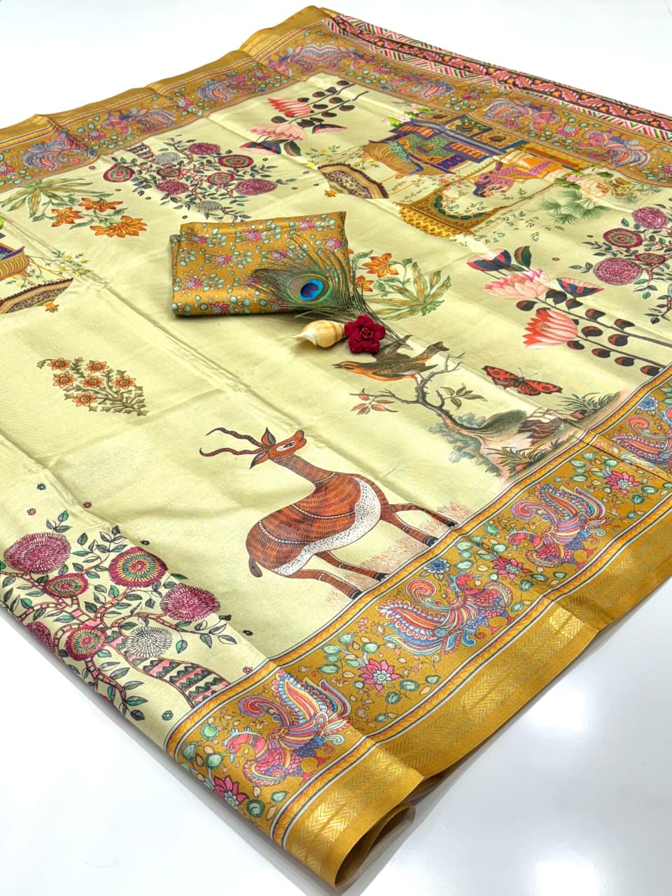 Soft Tussar Silk Saree – Pattachitra & Kalamkari Prints.