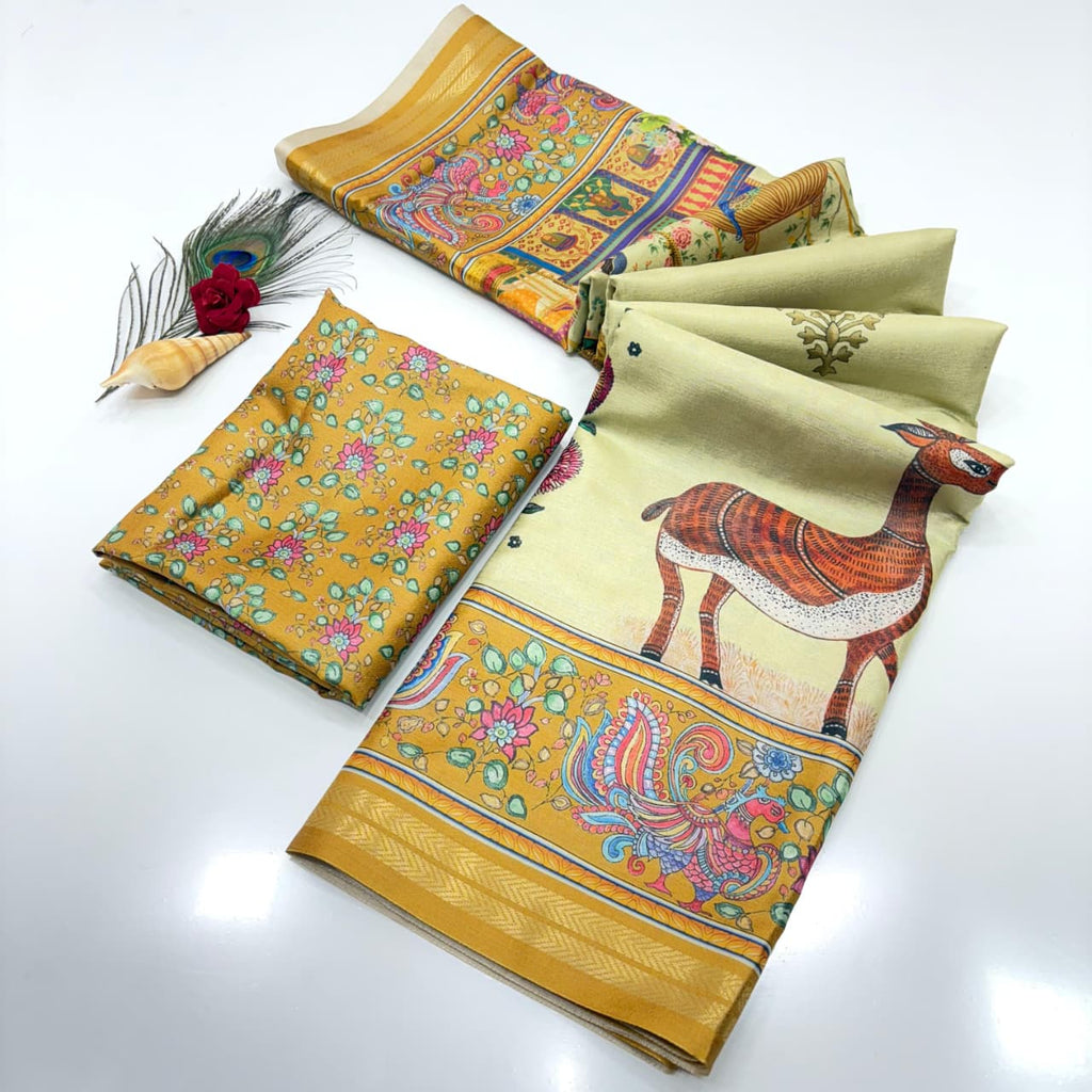 Soft Tussar Silk Saree – Pattachitra & Kalamkari Prints.