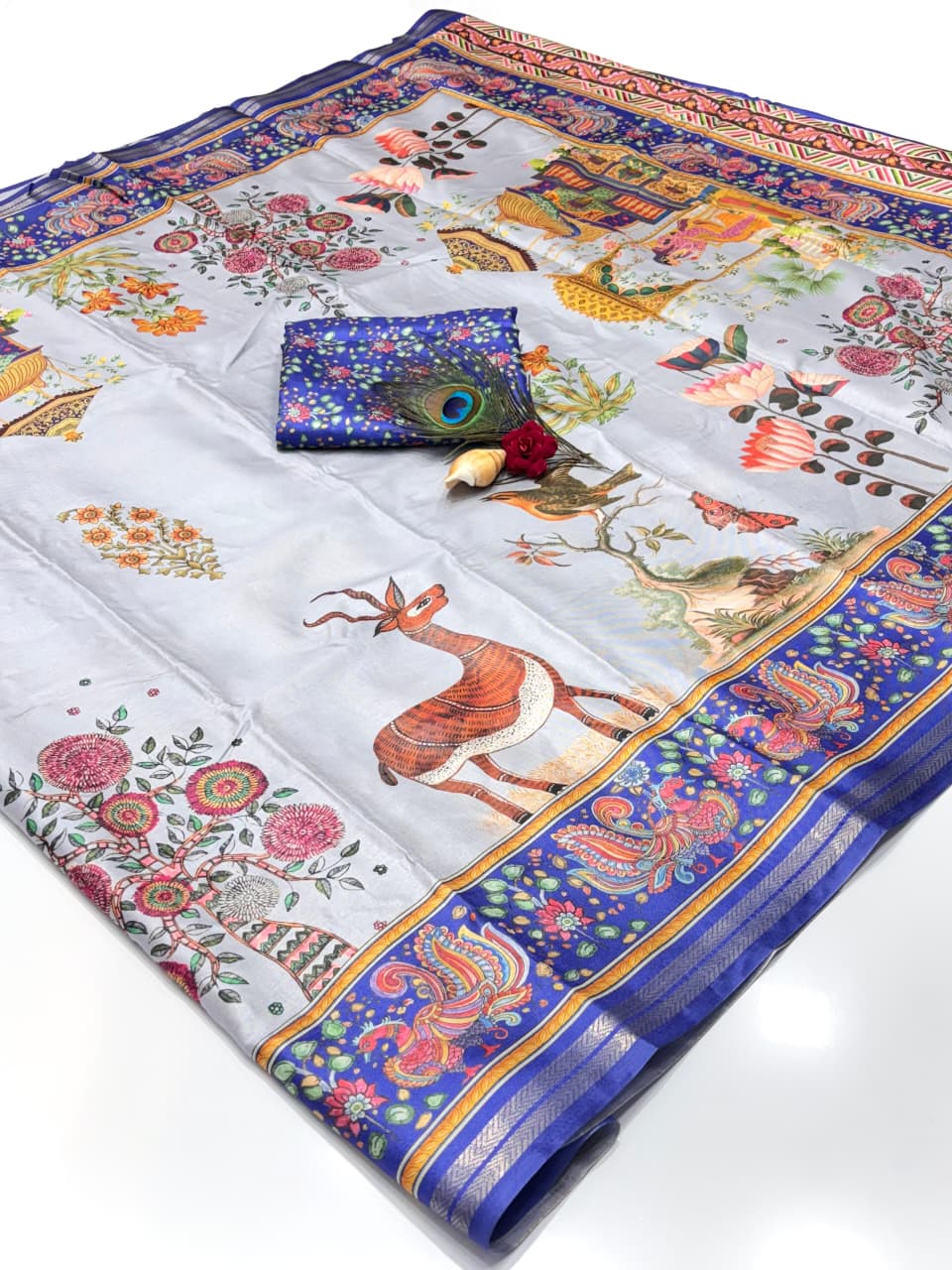 Soft Tussar Silk Saree – Pattachitra & Kalamkari Prints.