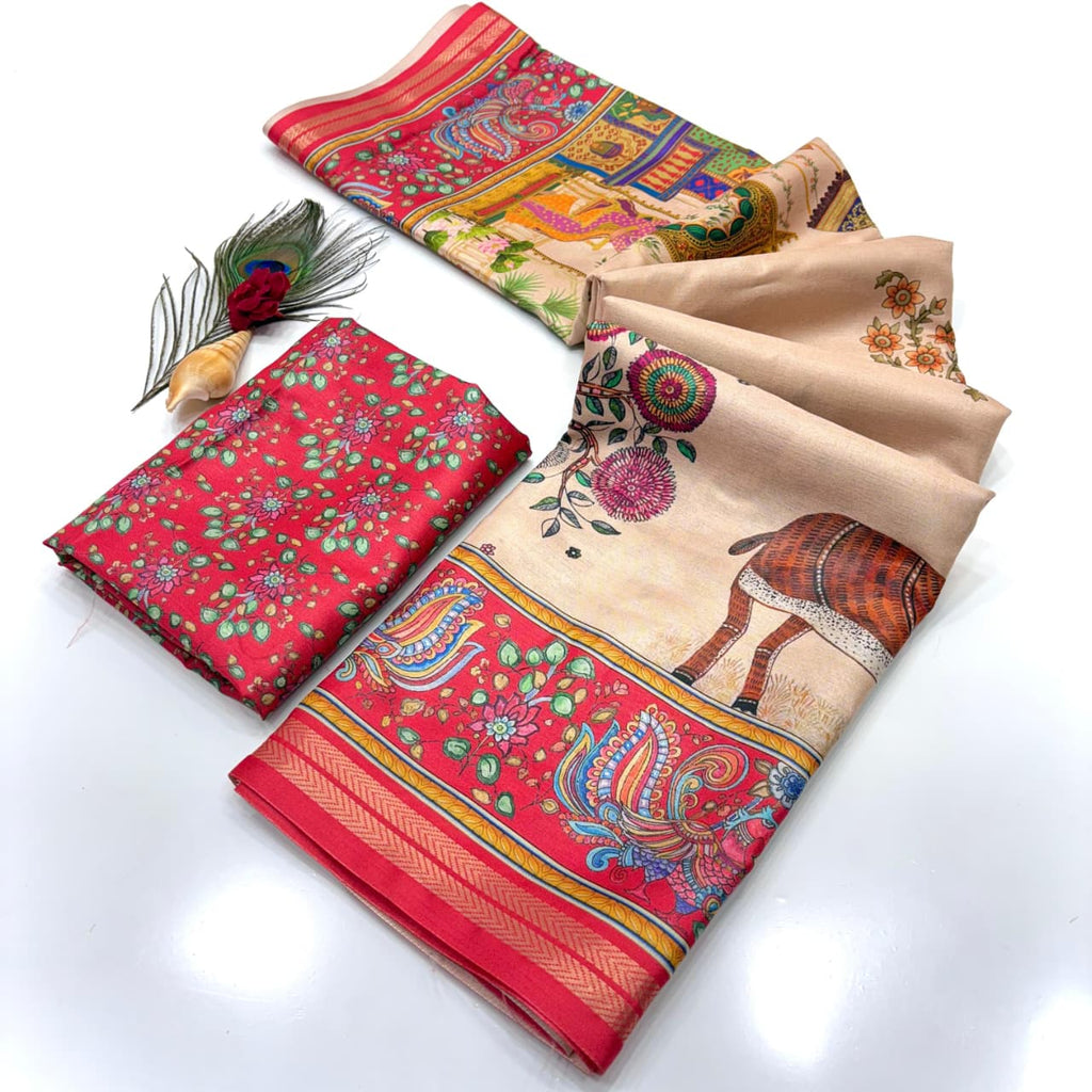 Soft Tussar Silk Saree – Pattachitra & Kalamkari Prints.