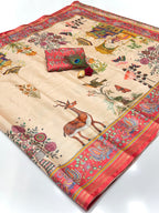 Soft Tussar Silk Saree – Pattachitra & Kalamkari Prints.