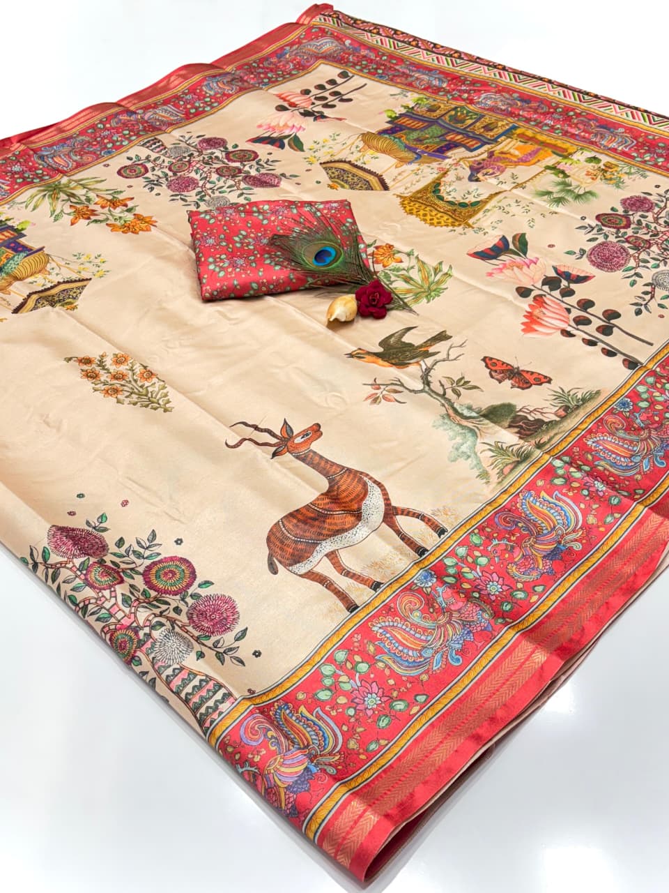 Soft Tussar Silk Saree – Pattachitra & Kalamkari Prints.