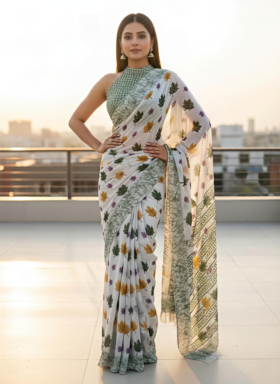 Soft Georgette Floral Leaf Digital Print Saree.