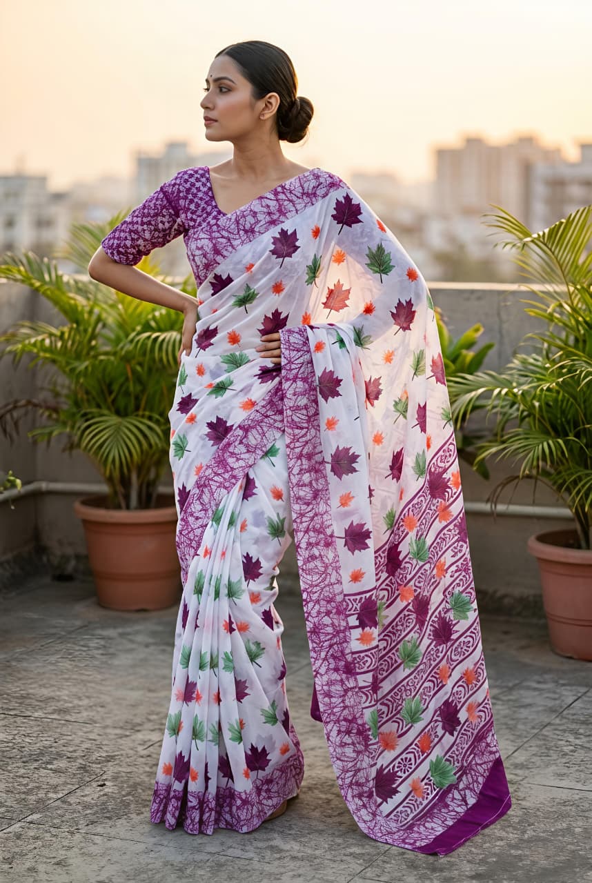 Soft Georgette Floral Leaf Digital Print Saree.