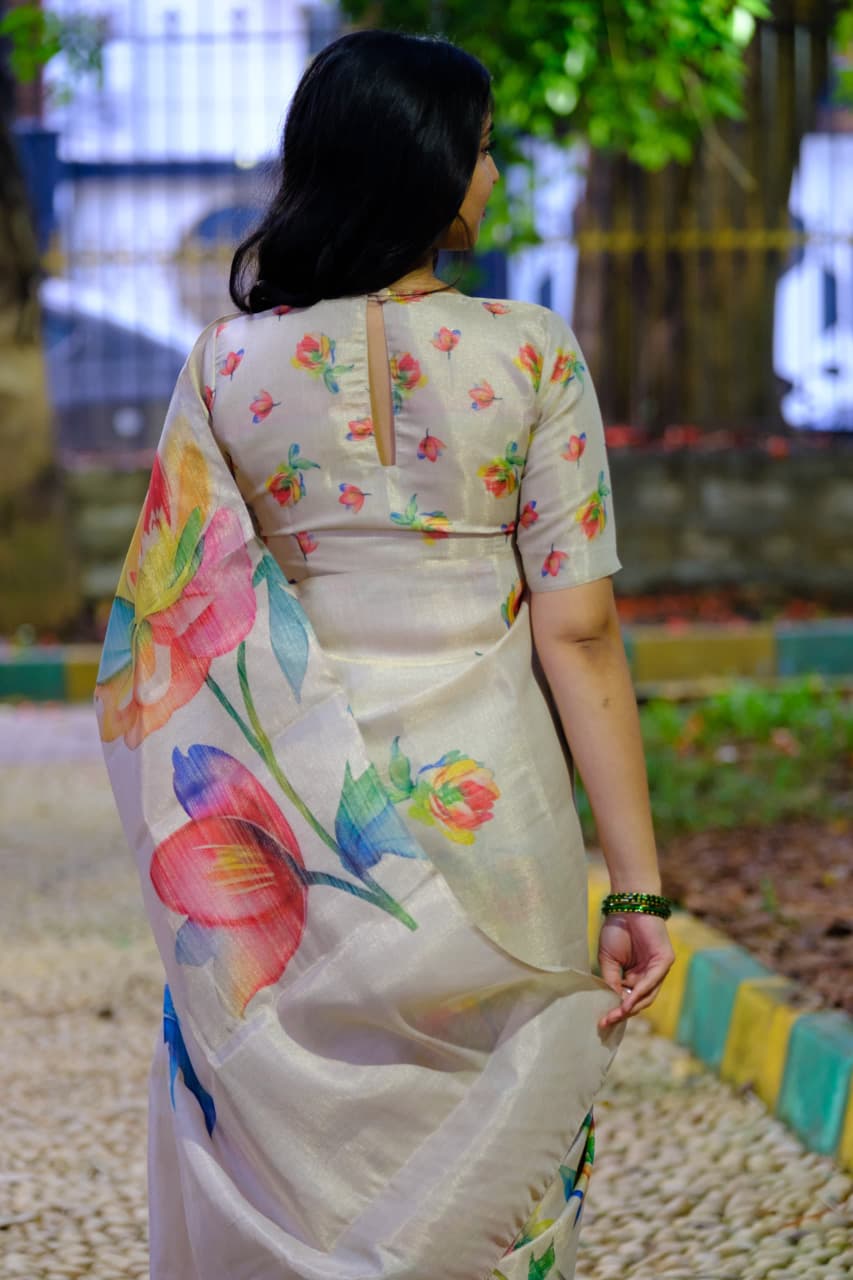 Heavy Handloom Tussar Silk Saree – Tulips Digital Print.